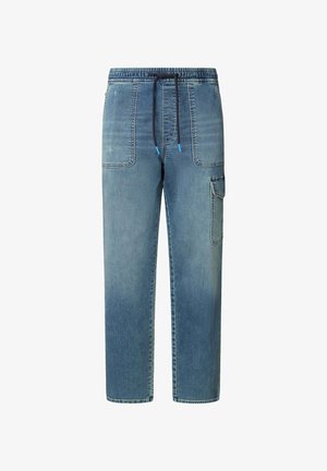 Lichtblauwe denim joggerbroeken met een elastische tailleband, trekkoord, twee voorkruiken en een zijcargo zak. Glad materiaal, relaxte pasvorm.
