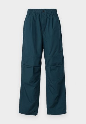 Teal cargo pants with an elastic waistband, two side pockets, and a loose fit. Made of lightweight material, featuring stitching details.