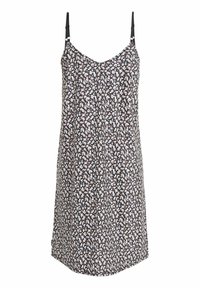 Robe noire à fleurs avec des bretelles fines, ornée d'un motif délicat de petites fleurs blanches, roses et bleues, fabriquée en tissu léger.