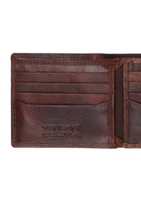 Brown leather wallet with multiple card slots, smooth texture, and visible stitching. Features embossed logo on interior.