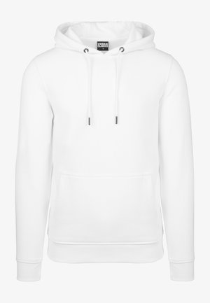 White hoodie made from soft fabric, featuring a hood with drawstrings, a front pocket, and ribbed cuffs and hem.