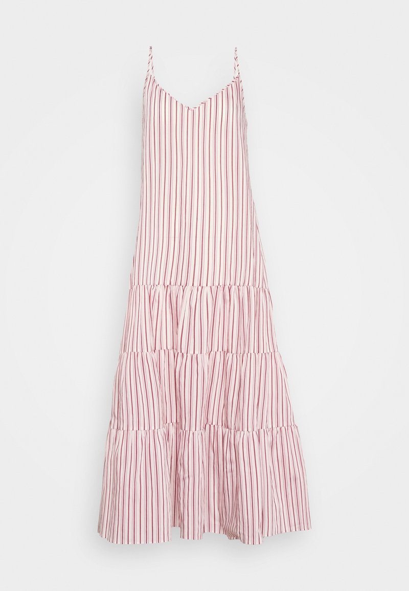 Robe sans manches à rayures avec un décolleté en V, comportant des rayures verticales roses et blanches, un ourlet à volants en cascade et des bretelles fines et ajustables.