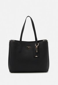 Melna mākslīgās ādas rokassoma ar diviem rokturiem, zelta toņa metāla detaļām, trīsstūra logotipu un noņemamu kulona birku. Gluda tekstūra, plašs dizains.