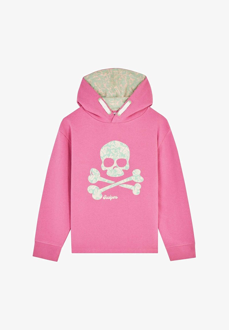 Różowa bluza z kapturem z motywem miętowej czaszki i piszczeli. Posiada kaptur, długie rękawy oraz teksturowany materiał.