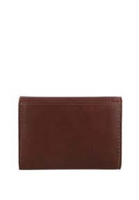 Brown leather wallet with visible stitching along edges, shown closed on a white background.