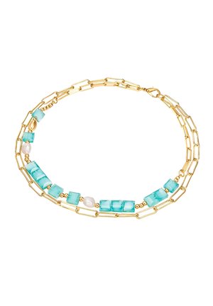 Collier en chaîne dorée avec des perles rectangulaires en teal, des accents en perles de culture et des perles sphériques dorées, disposés dans un motif décalé.