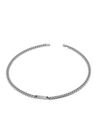 Silver chain necklace with interlocking links, featuring a flat rectangular accent in the center. Smooth, polished metallic finish.