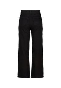 Jeans larges noirs en denim, avec une taille mi-haute, deux poches arrière et un design épuré sans embellissements.