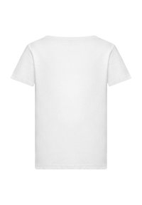 Kortærmet hvid bomulds t-shirt med rund halsudskæring, ensartet struktur og ingen synlige logoer eller mønstre, set fra ryggen.
