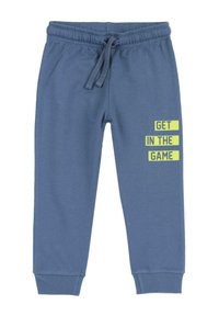 Blaue Sweatpants aus einem Baumwollmischgewebe. Sie verfügen über einen elastischen Bund mit Kordelzug und bedrucktem Text: "GET IN THE GAME" in Gelb.
