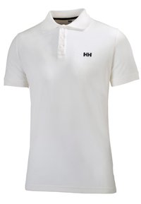 Polo bianco realizzato in cotone, con colletto a tre bottoni, maniche corte e un piccolo logo nero sul lato sinistro del petto.