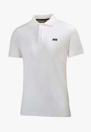 Biała koszulka polo wykonana z bawełny, z trzema guzikami pod szyją, krótkimi rękawami i małym czarnym logo na lewej piersi.