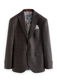 Blazer à carreaux charbon avec un col à revers cranté, deux poches avant et une doublure intérieure à motif floral. Comprend un mouchoir de poche.