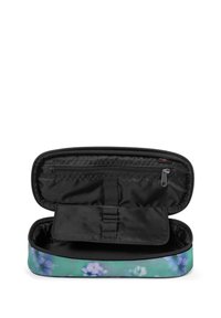 Custodia con zip, con un interno nero e un esterno verde caratterizzato da un motivo floreale. Include una tasca interna e cinturini per l'organizzazione.