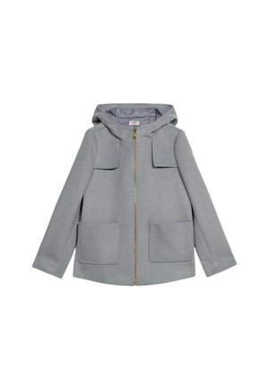 Chaqueta con capucha de color gris claro, con cremallera frontal completa, dos grandes bolsillos frontales y detalles de solapa en la zona del pecho, presentada sobre fondo blanco.