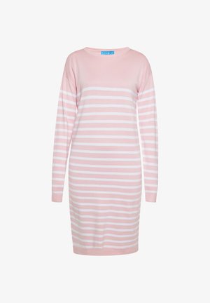 Rózsaszín és fehér csíkos, hosszú ujjú ruha kerek nyakkivágással és laza szabással, puha anyagból készült. Az egész ruhán vízszintes csíkok találhatók.