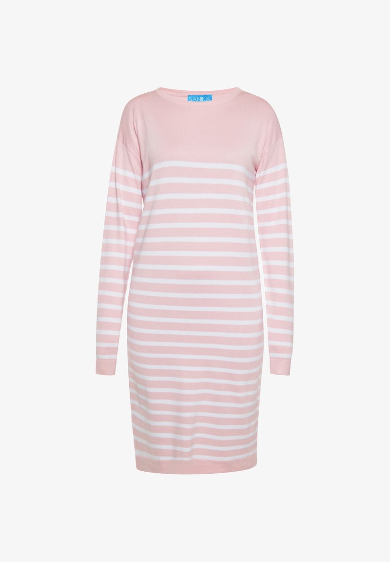 Gestreiftes langärmeliges Kleid in Rosa und Weiß mit Rundhalsausschnitt und lockerer Passform, aus weichem Material gefertigt. Verfügt über horizontale Streifen.