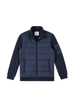 Navy blue zip-up jacket with quilted front, knit sleeves, two front zip pockets, and a buttoned flap pocket on the left sleeve.