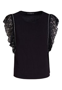 Top nero a maniche corte con rouches in pizzo sulle spalle e borchie argentate lungo la cucitura, realizzato in tessuto morbido con una silhouette aderente.