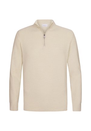Light cream pullover sweater with a half-zip collar, made of textured knit fabric. Long sleeves with ribbed cuffs and a straight hem.