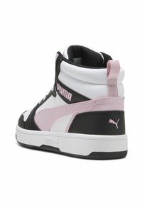 High-top sneakers with black, white, and pink synthetic upper. Features a textured surface, padded collar, and branded logo on the side.