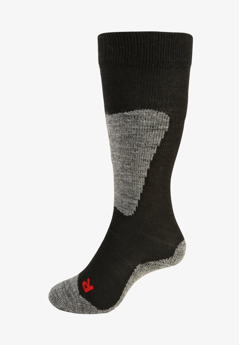 Calza nera e grigia al ginocchio con bordo a costine, tallone e punta rinforzati, e logo rosso alla caviglia. Realizzata in materiale blend testurizzato.