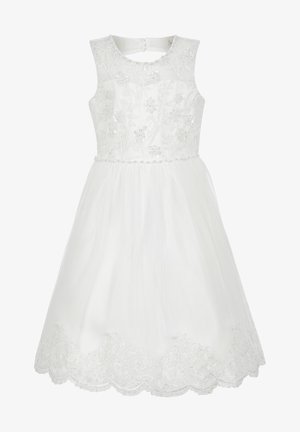 Bílé bezrukávové dívčí šaty s květinovou výšivkou, perlové detaily na živůtku a krajkový lem na spodním okraji.