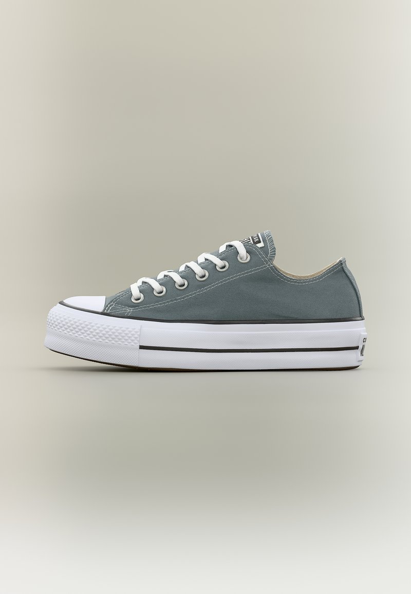 Γκρι χαμηλό καμβά sneaker με λευκή λαστιχένια σόλα, λευκά κορδόνια και μαύρη ρίγα λεπτομέρειας σε ουδέτερο φόντο.