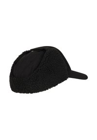 Black cap featuring a soft, textured, fur-like fabric around the crown, with a flat peak and a smooth fabric top panel.