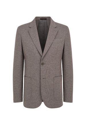 Szary żakiet w jodełkę wykonany z tkaniny tkanej, z klapami w szpic, dwoma przednimi kieszeniami i zapięciem na jeden guzik.
