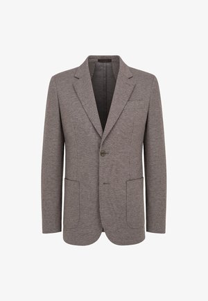 Szary żakiet w jodełkę wykonany z tkaniny tkanej, z klapami w szpic, dwoma przednimi kieszeniami i zapięciem na jeden guzik.