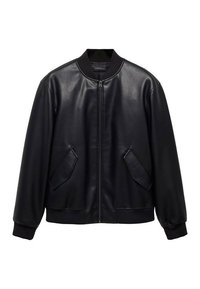 Veste bomber en cuir noir avec fermeture éclair frontale, deux poches à rabat inclinées, col, poignets et ourlet côtelés sur fond blanc.