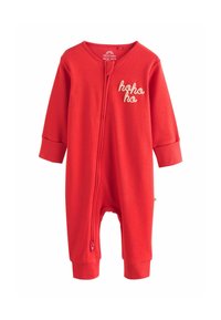Roter Baumwollbaby-Overall mit langen Ärmeln, einem Reißverschluss vorne und "ho ho ho" Stickerei auf der Brust. Mit gerippten Knöcheln für zusätzlichen Komfort.