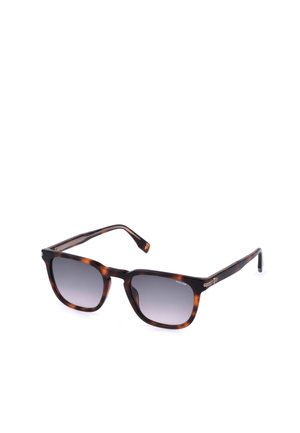 Gafas de sol rectangulares con montura carey, lentes con degradado oscuro y varillas delgadas, mostradas sobre un fondo blanco.
