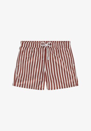 Sarkans un balts svītrots peldbikses ar elastīgu jostu un auklu. Izgatavotas no viegla, gluda auduma; tam ir sānu kabatas.