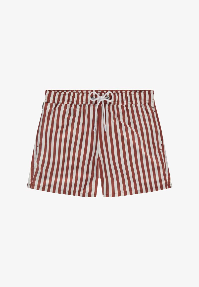 Röda och vita randiga badshorts med elastisk midja och dragsko. Tillverkade av lätt, slät tyg; har sidofickor.