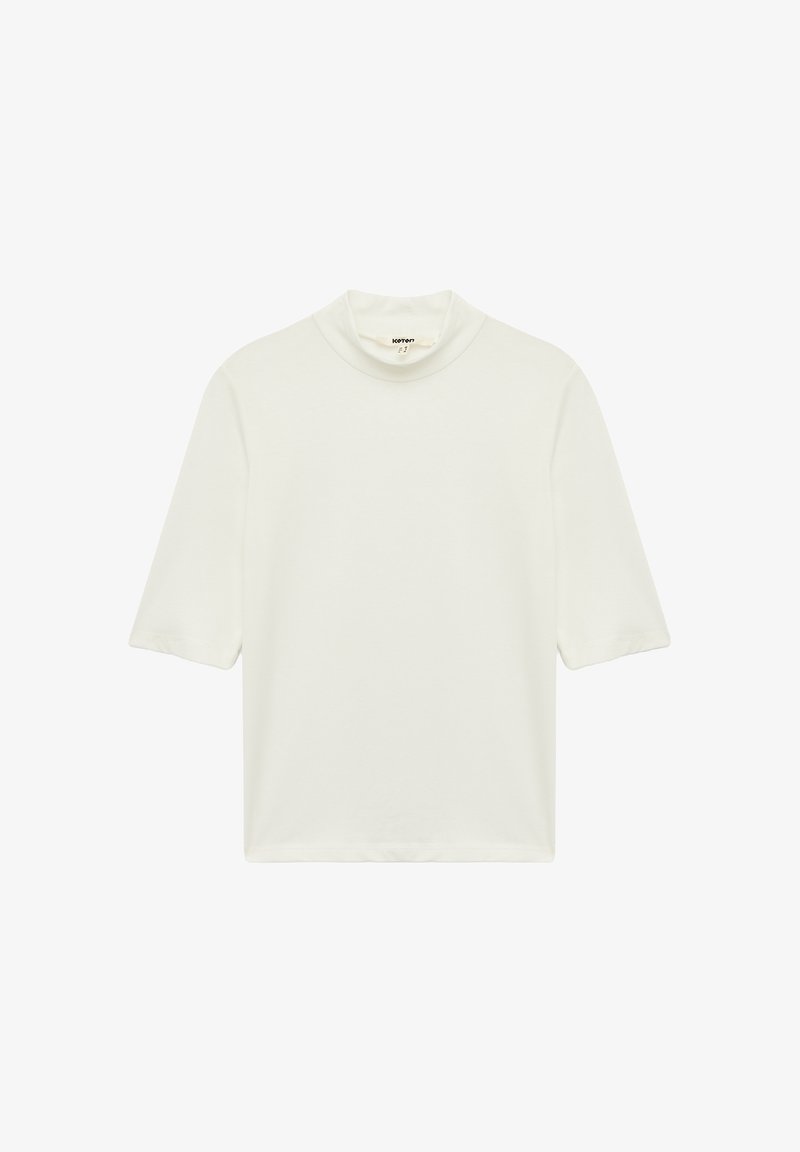 Witte t-shirt met korte mouwen en een hoge hals, gemaakt van zacht katoen. Eenvoudig ontwerp zonder patronen of versieringen.