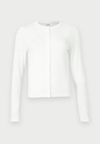 Valge pikkade varrukatega nööbiga kardigan ümmarguse kaelusega, slim fit stiilis ning peene GAP kaubamärgi etiketiga kaela sees.