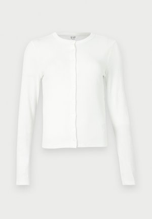 Hvid langærmet button-up cardigan med rund halsudskæring, slim fit, og subtil GAP mærkeetiket inde i kraven.