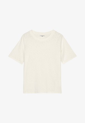 Off-white short-sleeve T-shirt made of soft, textured fabric with a round neckline and a relaxed fit. No logos or additional details present.