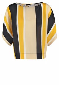 Blouse à manches courtes avec de larges rayures verticales en jaune, noir, beige et blanc, dotée d'un col rond et d'une coupe ample.
