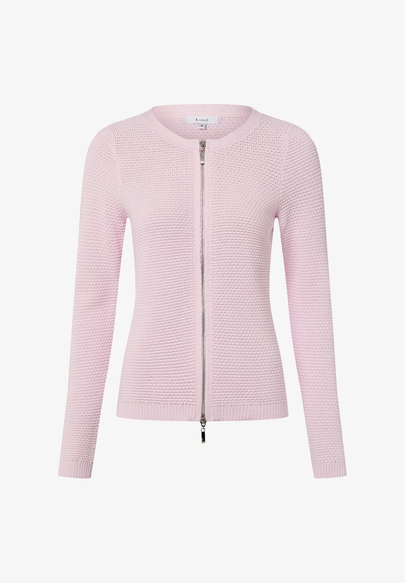 Cardigan tricoté rose clair avec un col rond, des manches longues et une fermeture éclair à l'avant. La texture présente un motif côtelé subtil avec des poignets ourlés.