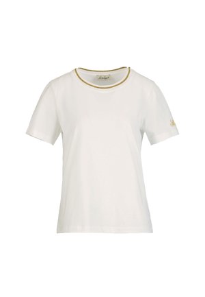 Biała koszulka z krótkim rękawem z złotą lamówką wokół dekoltu oraz małym złotym haftowanym logo na lewym rękawie.