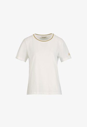 Maglietta bianca a maniche corte con rifinitura dorata intorno allo scollo e piccolo ricamo del logo dorato sulla manica sinistra.