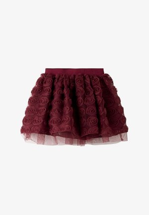 Burgundy tulle skirt featuring a layered design with floral rose appliqués. Elastic waistband with a soft, sheer underlay.