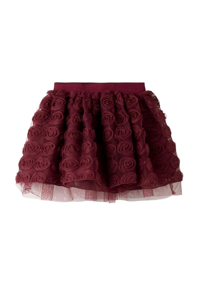 Burgundy tullehame, joka sisältää kerroksellisen suunnittelun kukkaroosapainatuksilla. Joustava vyötärö ja pehmeä, läpikuultava vuori.