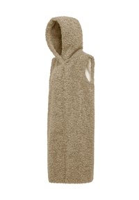 Gilet cappuccio beige realizzato in tessuto peluche e testurizzato. Presenta maniche assenti, apertura frontale e una vestibilità comoda, arrivando fino a metà coscia.