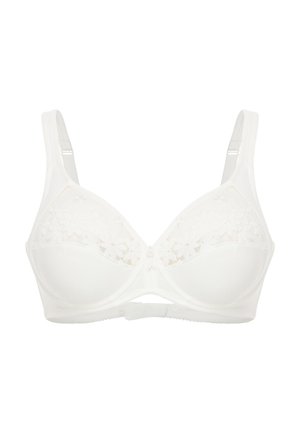 Witte bh met bloemenkantdetails bij de cups, verstelbare bandjes en een zachte stofafwerking. Ondersteuning met beugels en haaksluiting.