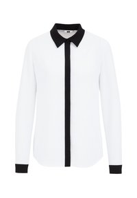 White long-sleeve shirt with black collar and button placket, featuring black cuffs, smooth texture, and a tailored fit.