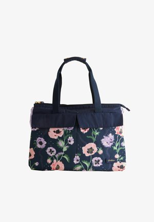 Lille lillekott, millel on tumesinine taust ja roosa ja lilla lillemuster. Kott on varustatud kahe tugeva käepideme ja klapiga tõmblukuga.